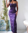 Y2K Purple Glitter Floral Milkmaid Gown