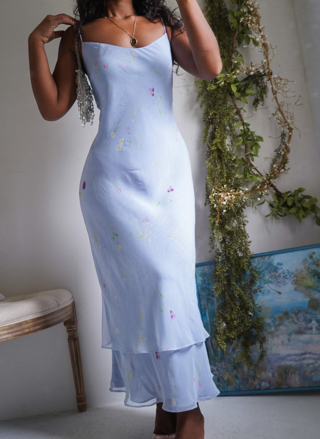 Y2K Pastel Periwinkle Floral Slip Dress