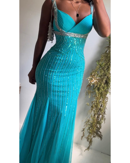 Y2K Turquoise Sequined Tulle Gown