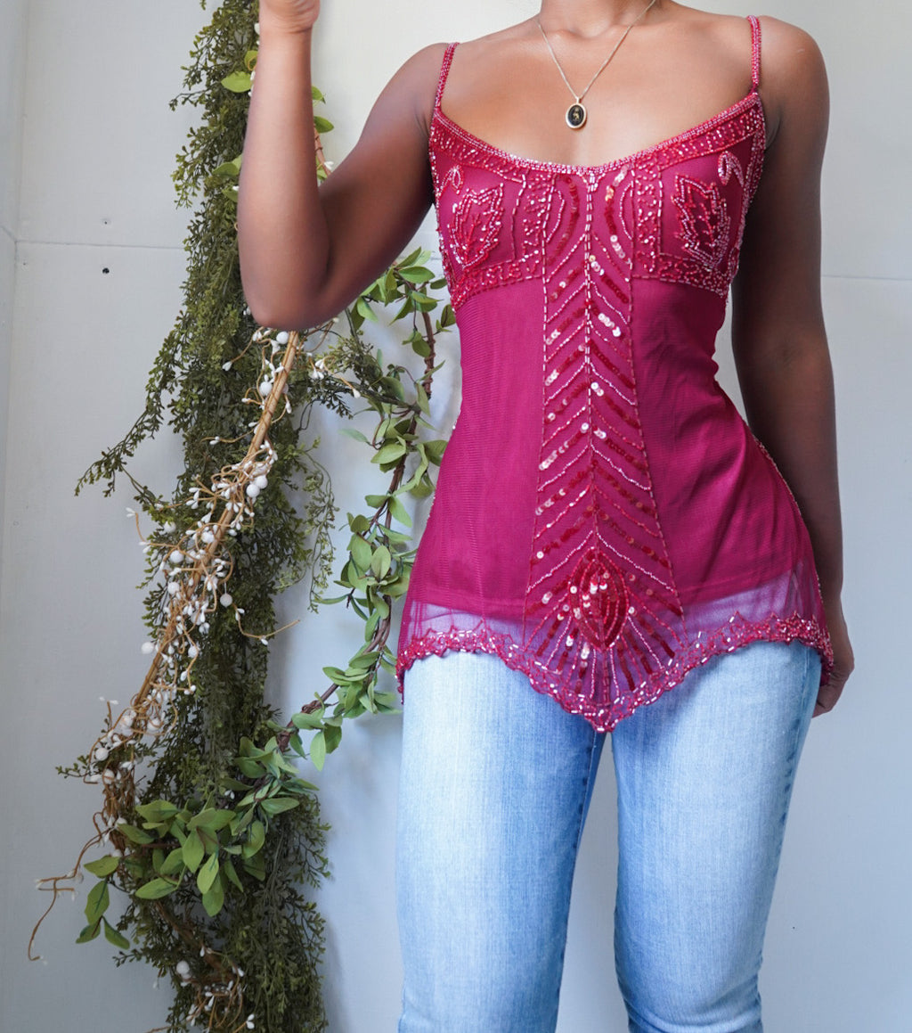 Y2K Deep Fuchsia Beaded Fairy Top