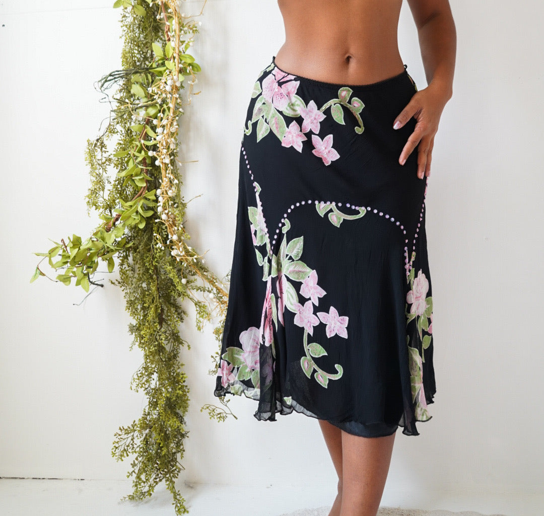 Y2K Black Floral Sequin Midi Skirt