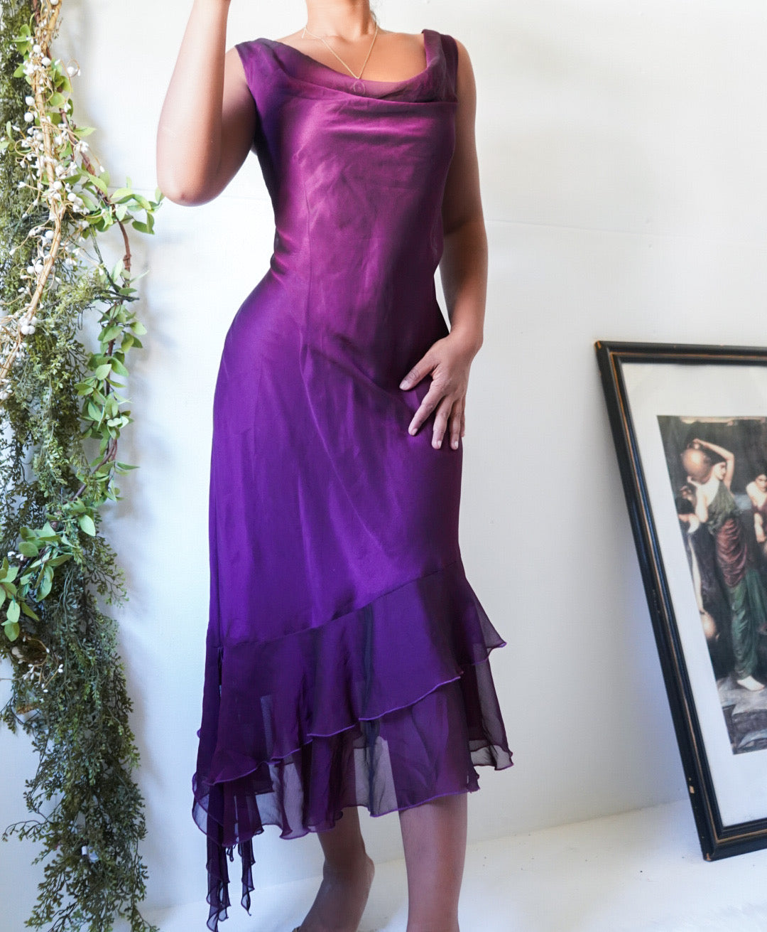 Purple Iridescent Fairy Cowl Neck Midi Dress