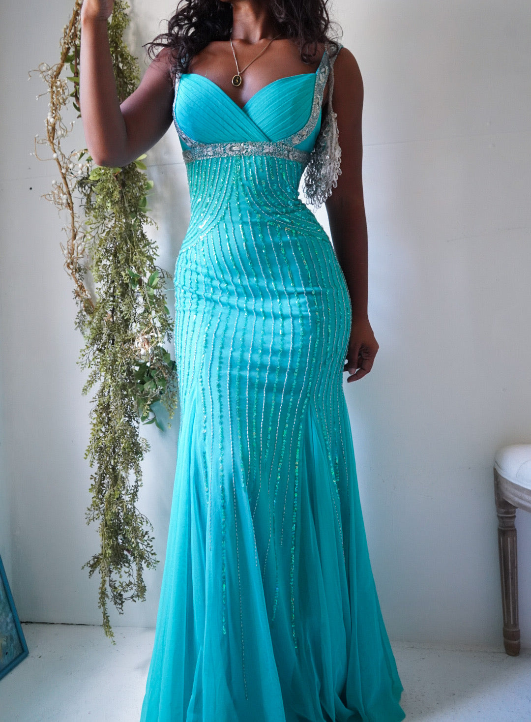 Y2K Turquoise Sequined Tulle Gown