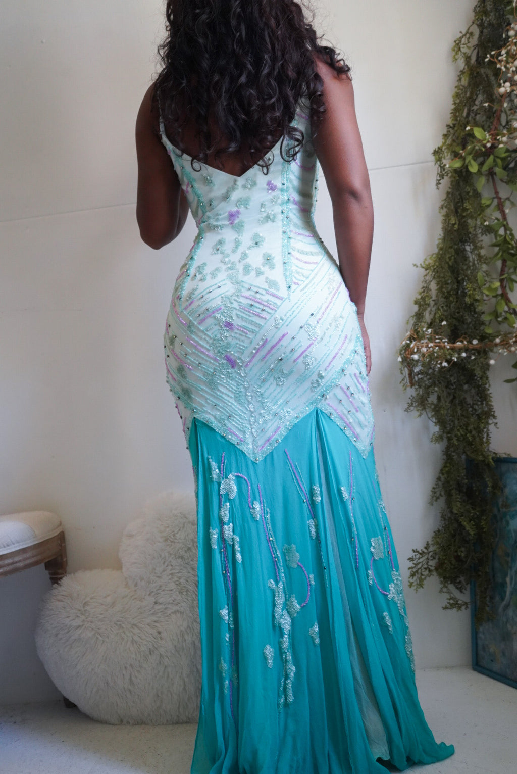 Rare Y2K Beaded Light Turquoise Silk Mermaid Gown