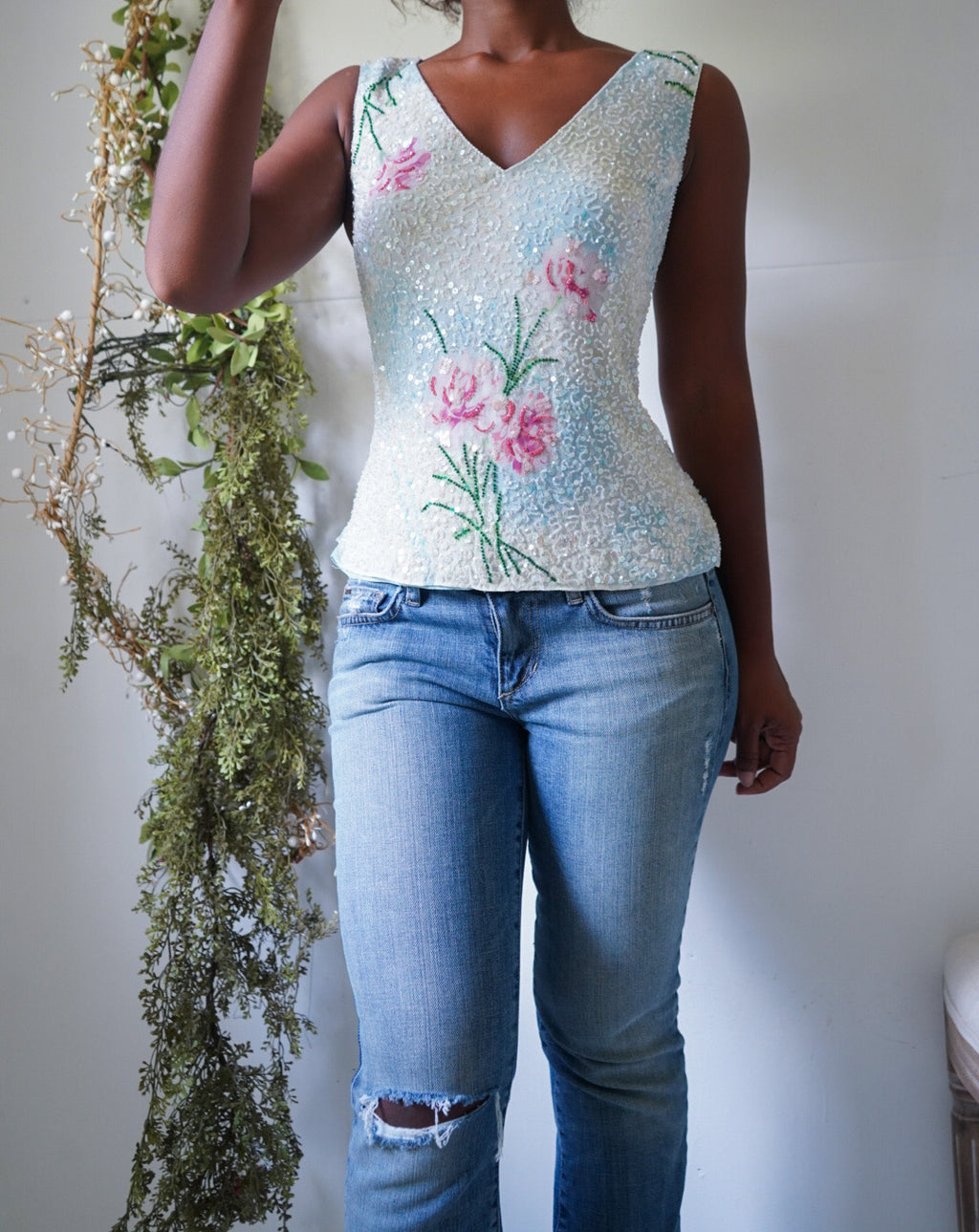Y2K Romantic Rose Silk Beaded and Sequin Blouse