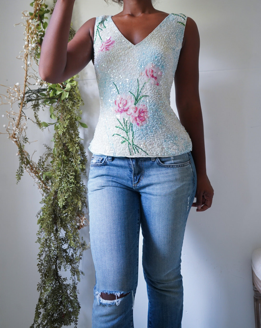 Y2K Romantic Rose Silk Beaded and Sequin Blouse