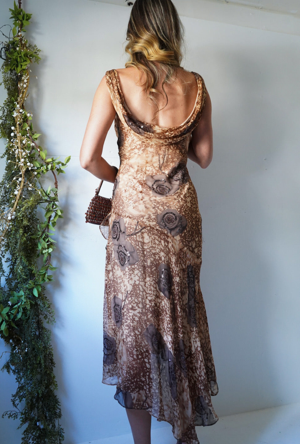 Beaded Silk Abstract Animal Print Midi Dress