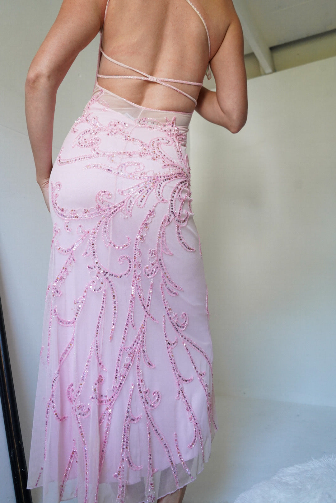 Y2k Baby Pink Beaded One Shoulder Mesh Gown