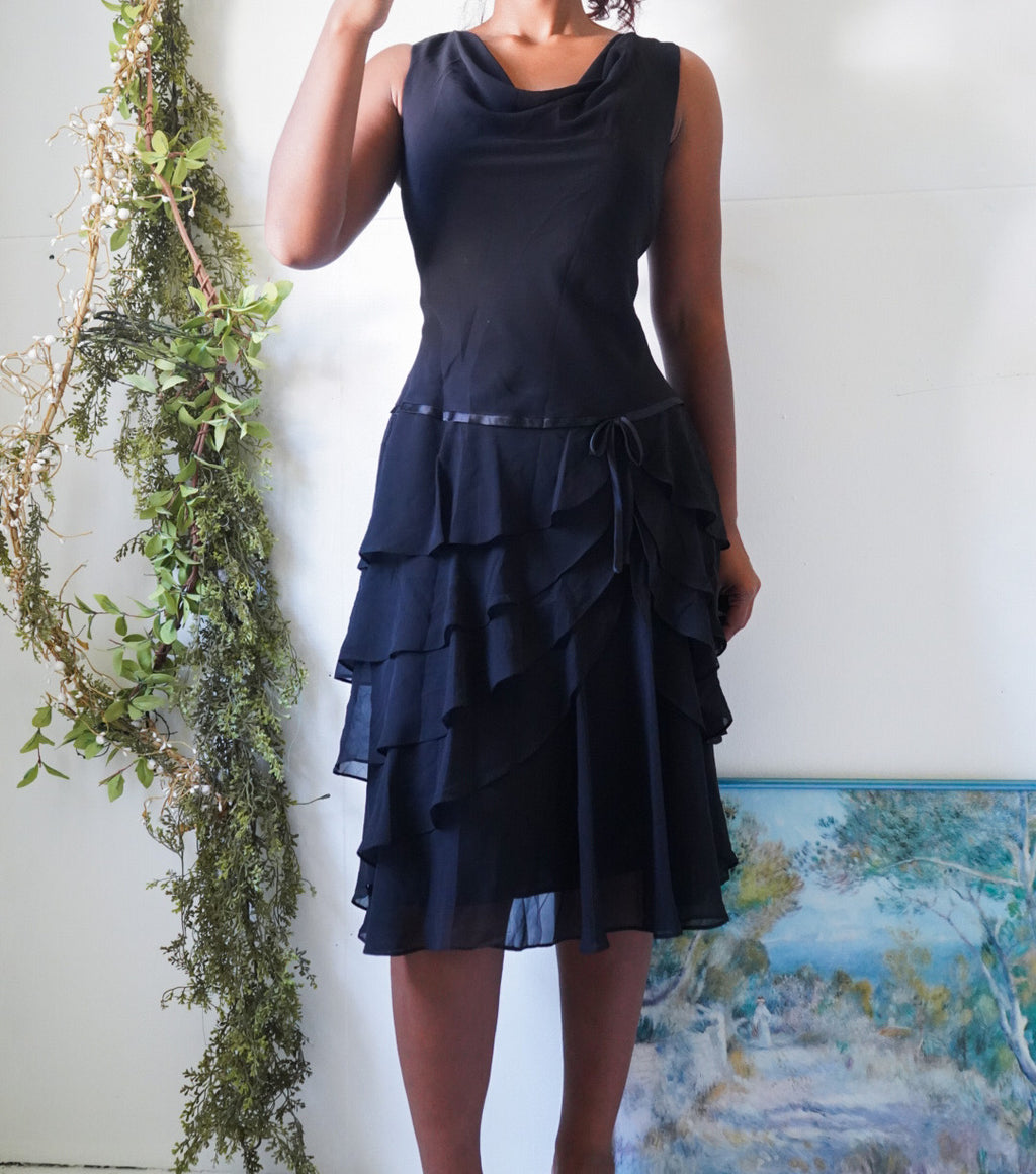 Y2K Ruffle Hem Drop Waist Black Dress
