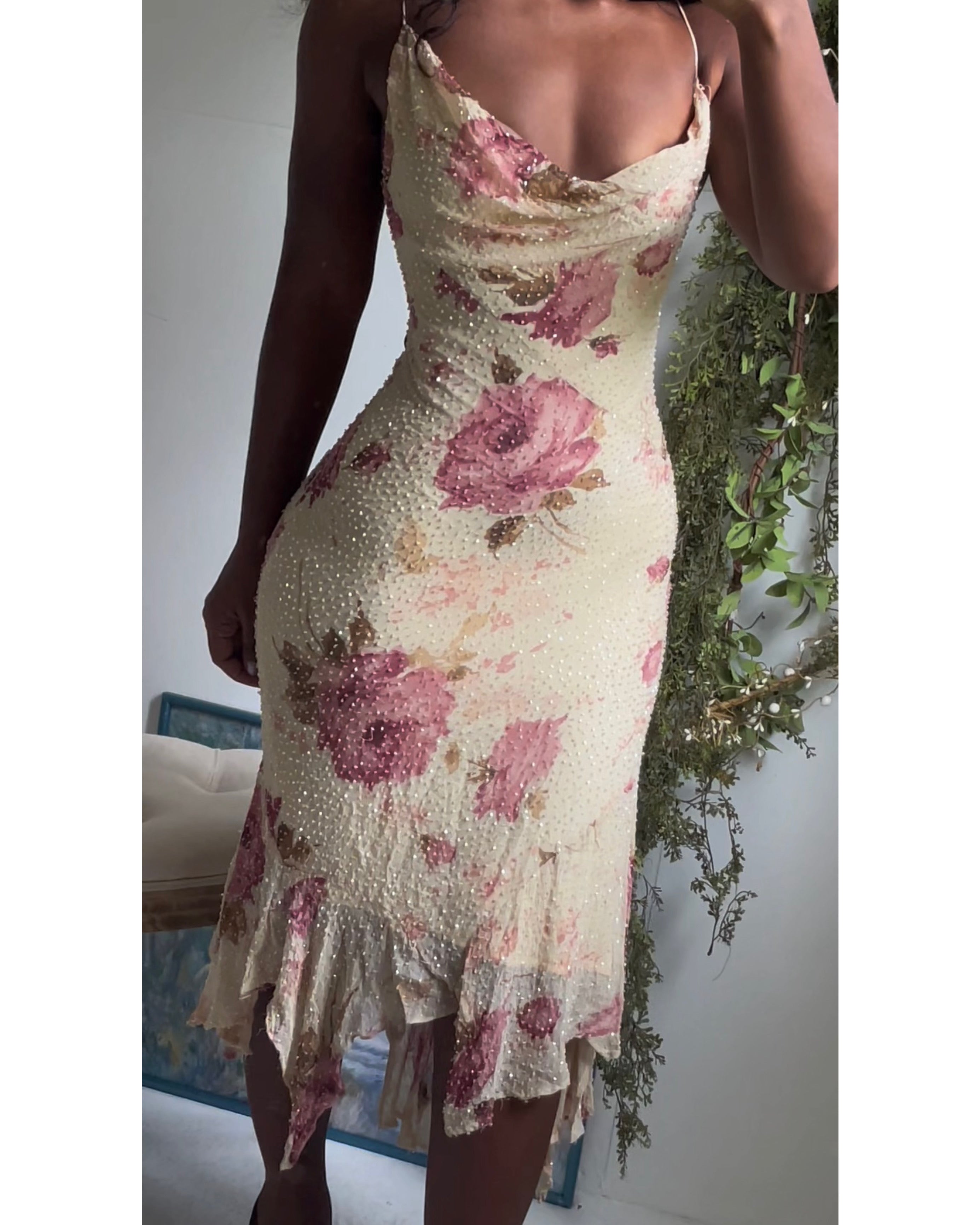 Y2K Reworked Romantic Rose Beaded Silk Dress