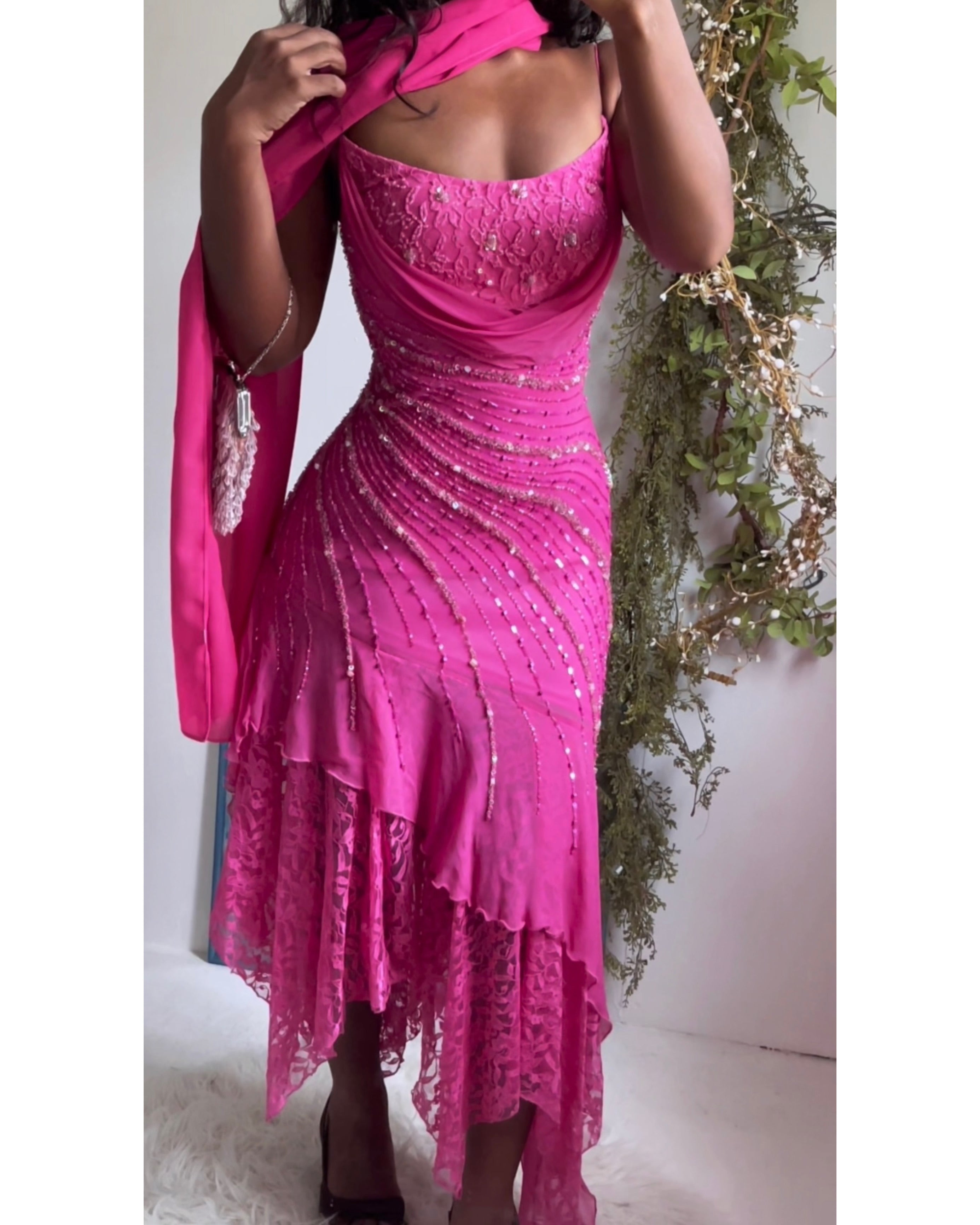 Rare Vintage Y2K Pink Beaded Silk and Lace Dress