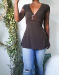 Y2K Brown Buckle Neckline Elevated Basic Top