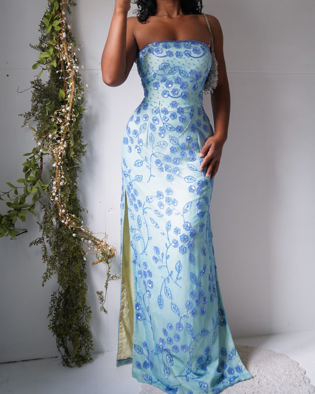 Vintage Y2K Light Blue and Yellow Layer Beaded Silk Strapless Gown