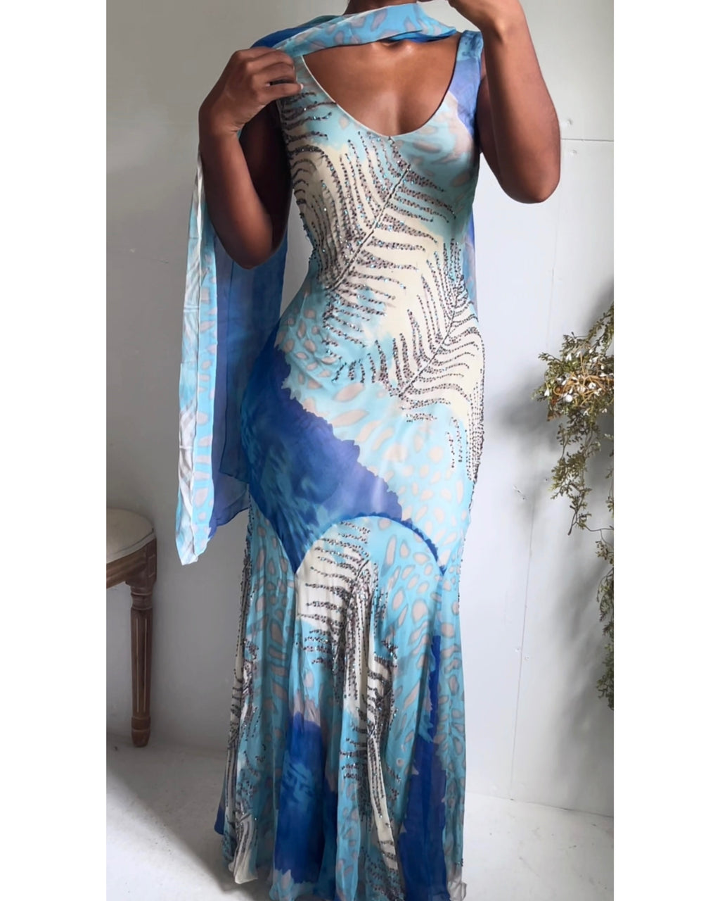 Y2K Beaded Silk Abstract Animal Print Gown with Sash