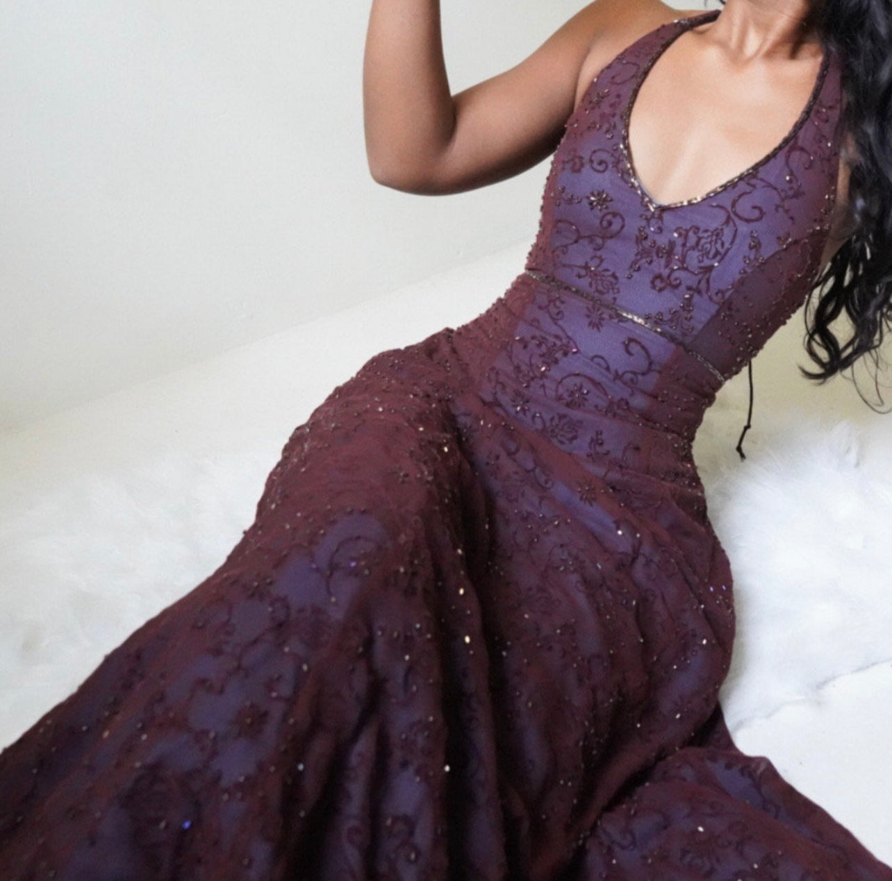 Brown and Turquoise Layered Beaded Halter Gown