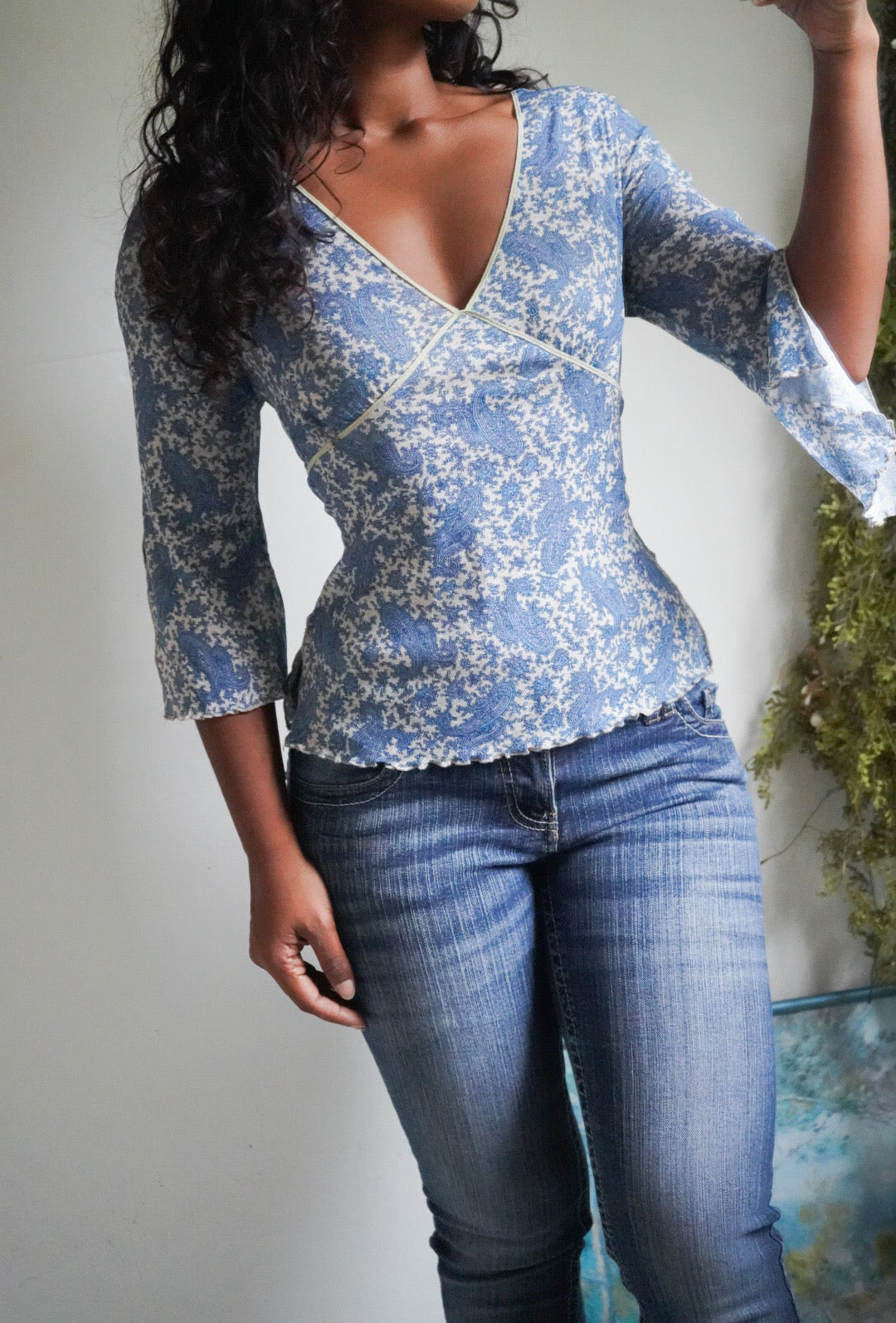 Y2K Paisley Mesh Flare Sleeve Top