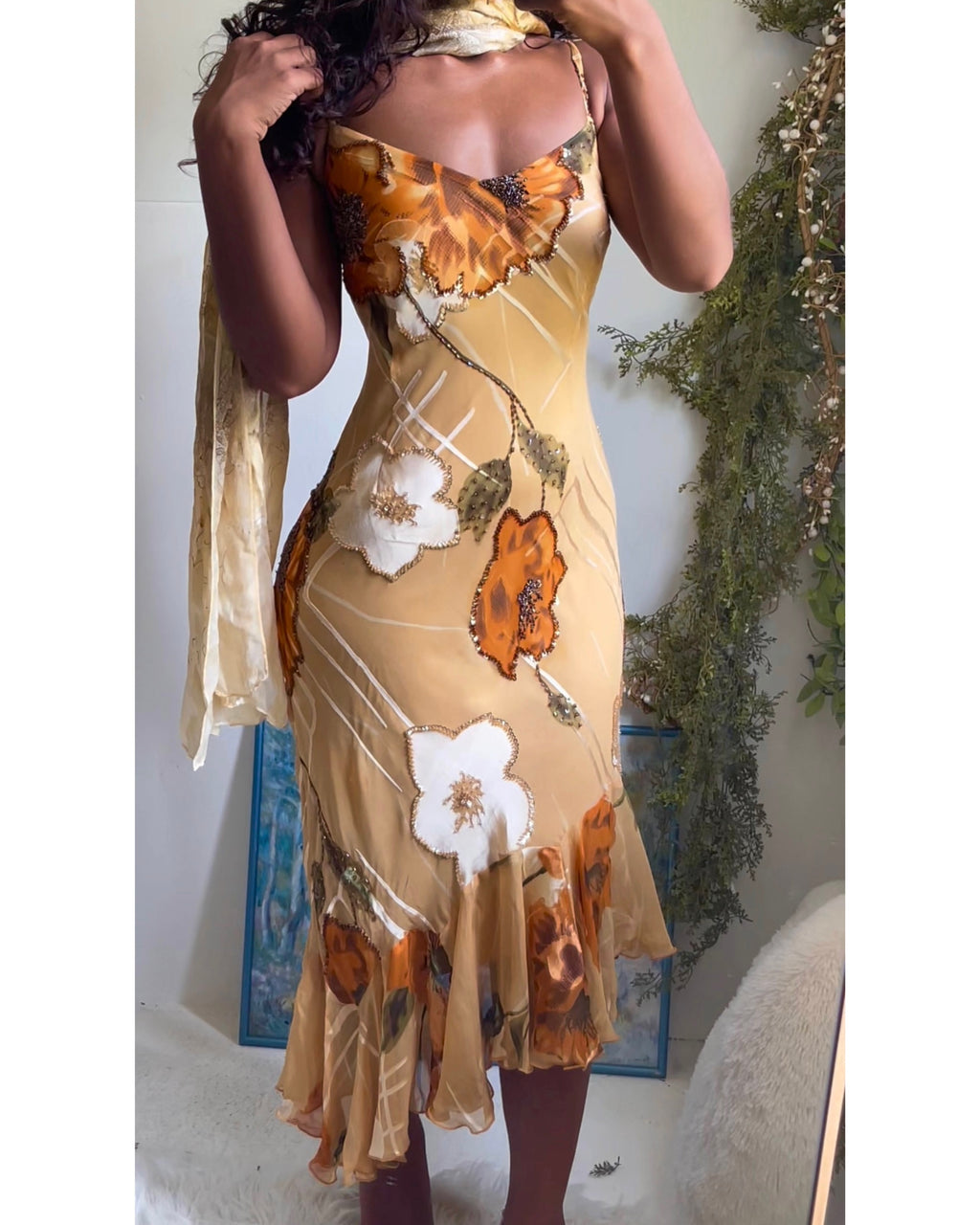 Rare Y2K Tan Floral Devore Beaded Silk Dress