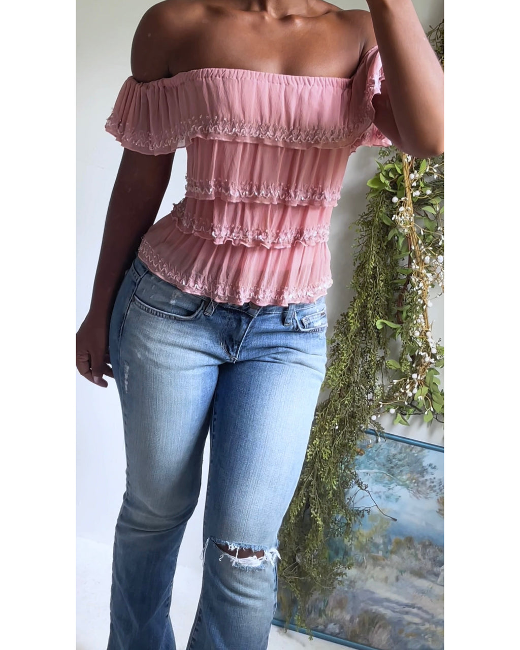Rare Y2K Pink Silk Ruffle Beaded Top