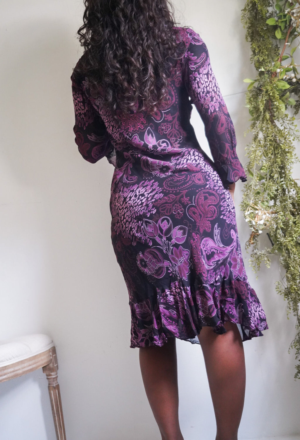 Purple and Black Paisley Floral Y2K Ruffle Sleeve Dress