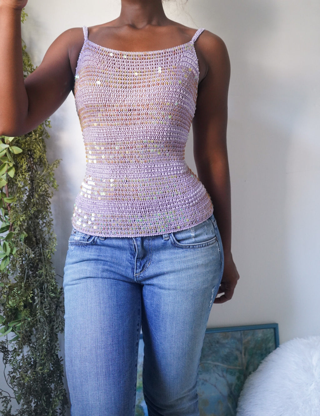 Rare Y2K Lavender Sequin Crochet Cami