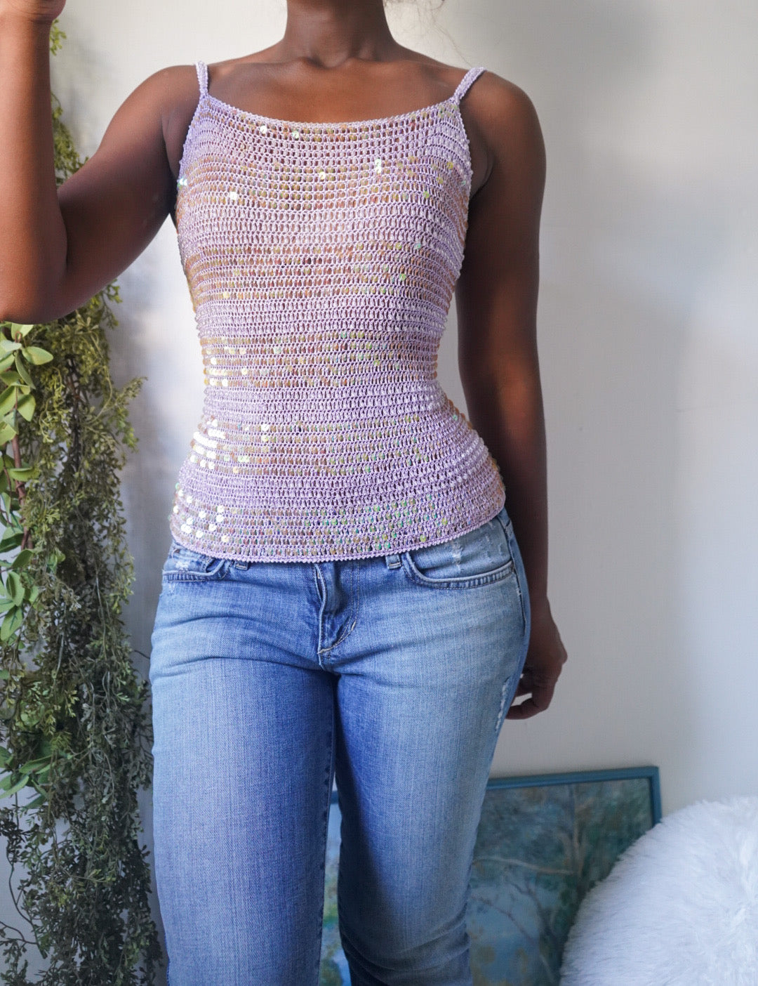 Rare Y2K Lavender Sequin Crochet Cami