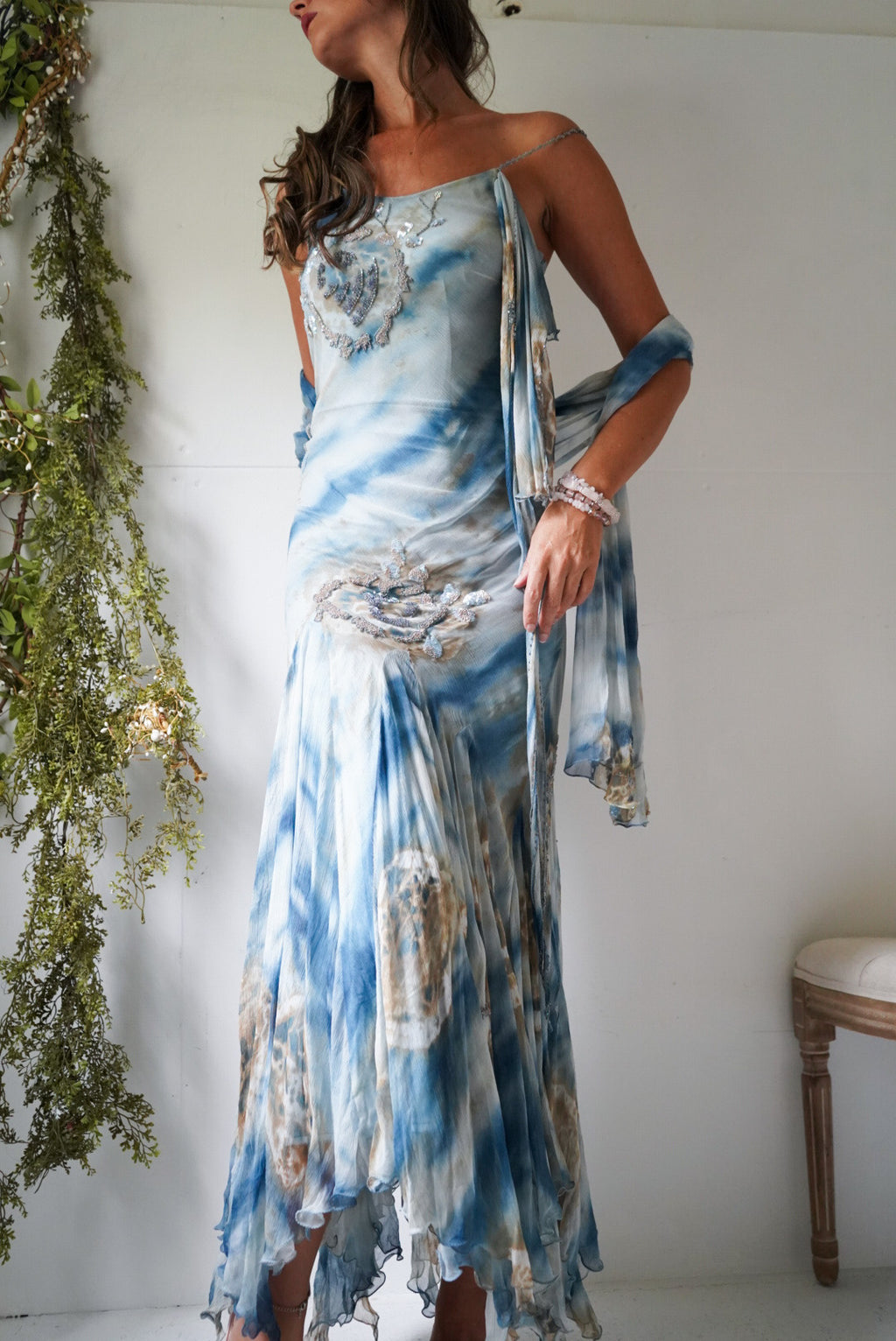 Rare Beaded Silk Watercolor Alberto Makali Gown