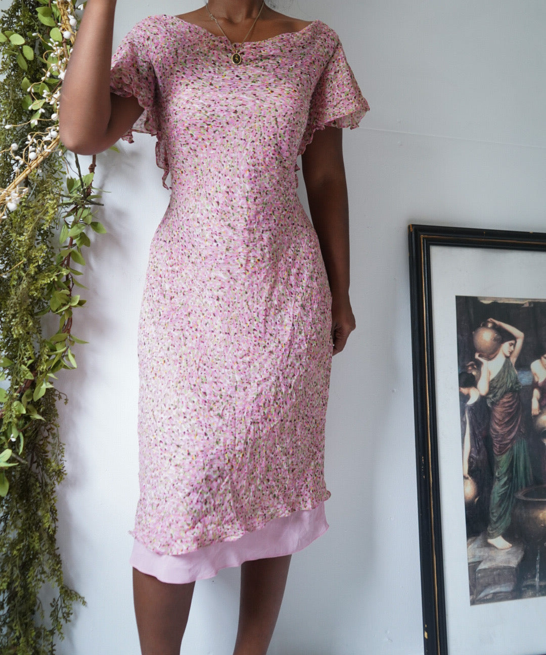 Pink Abstract Silk Midi Dress