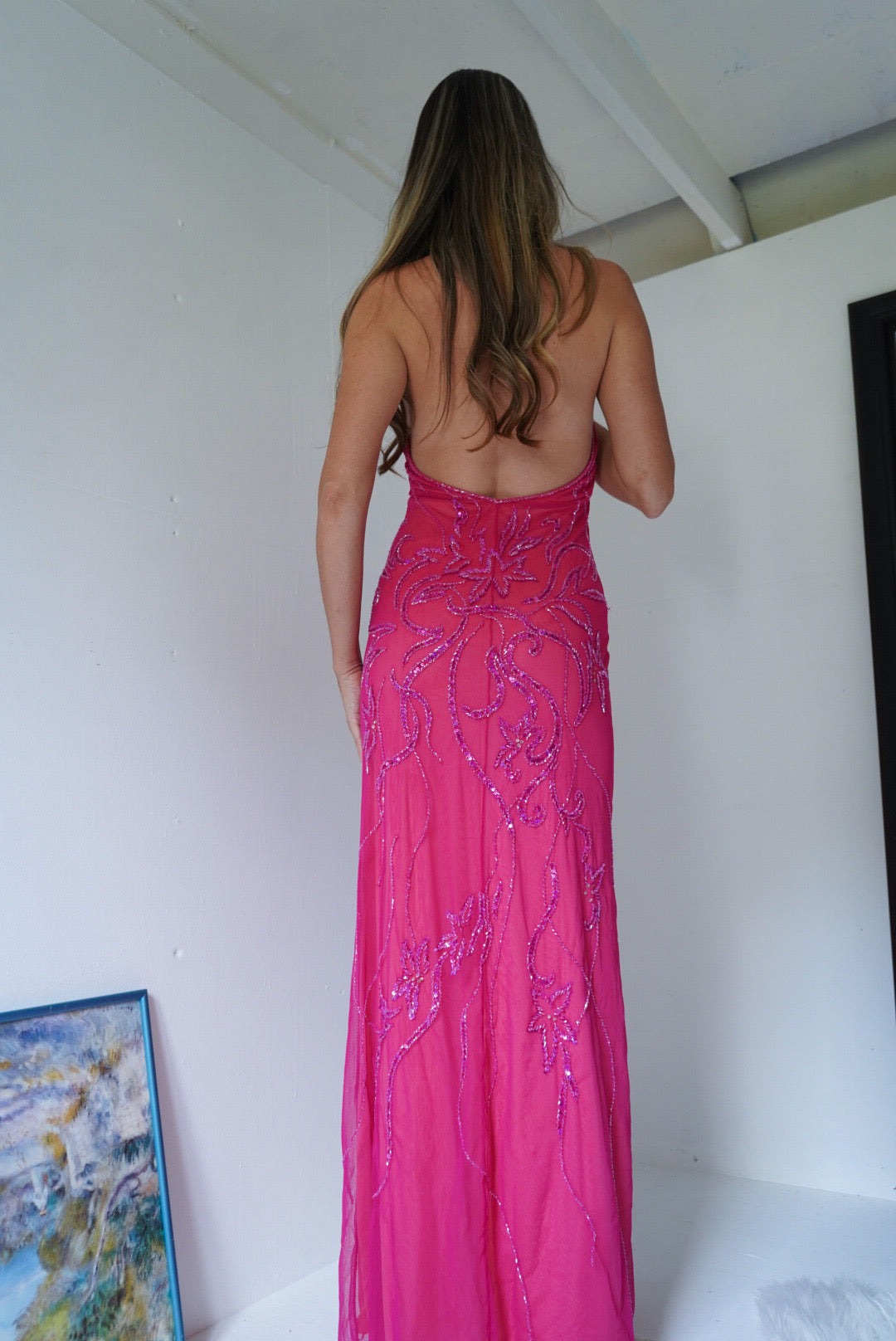 Vintage Y2K Candy Pink Halter Beaded Gown