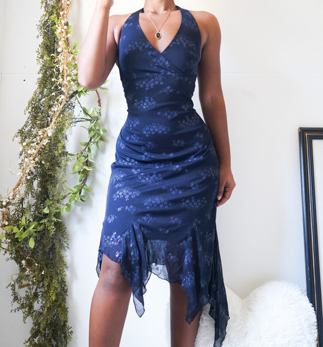 Navy Blue Sparkle Floral Halter Dress