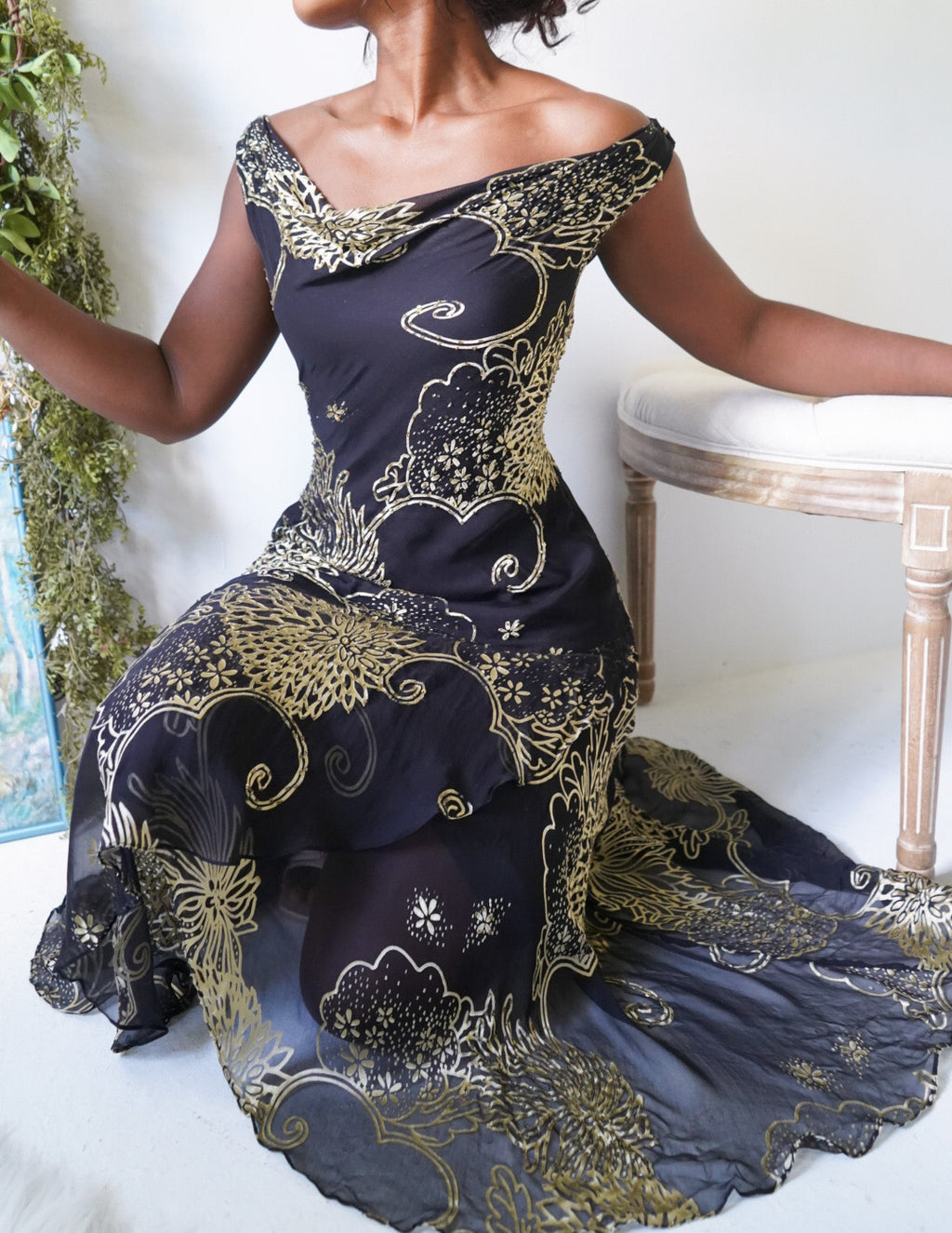 Y2K Black and Gold Silk Gown Neck Dress