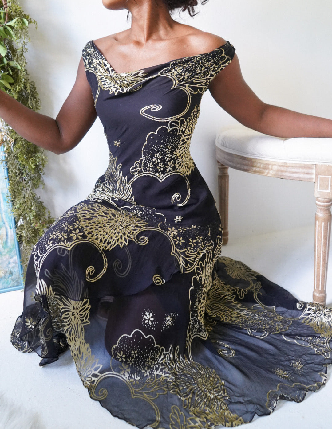 Y2K Black and Gold Silk Gown Neck Dress