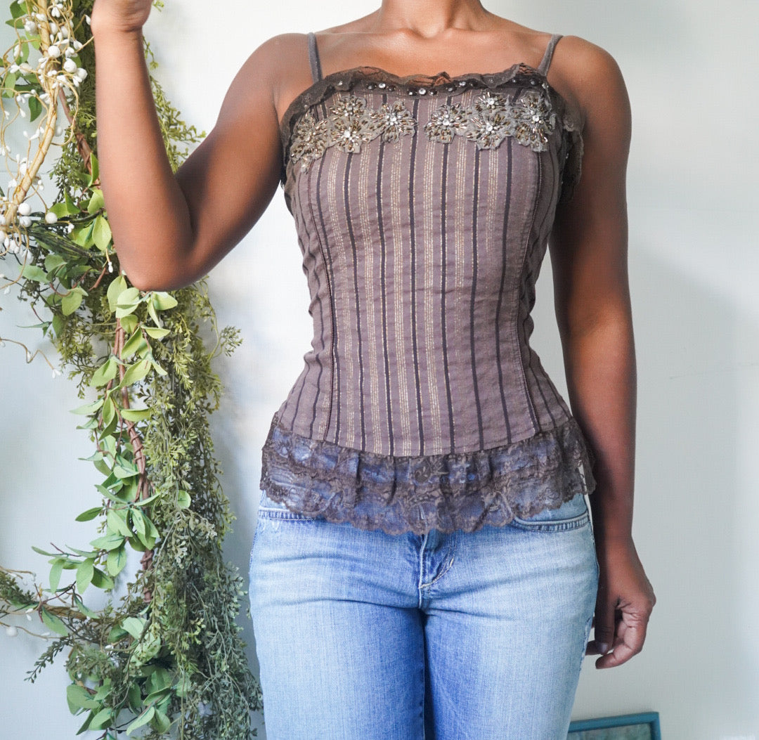 Y2K Bead Detail Lace Trimmed Cami