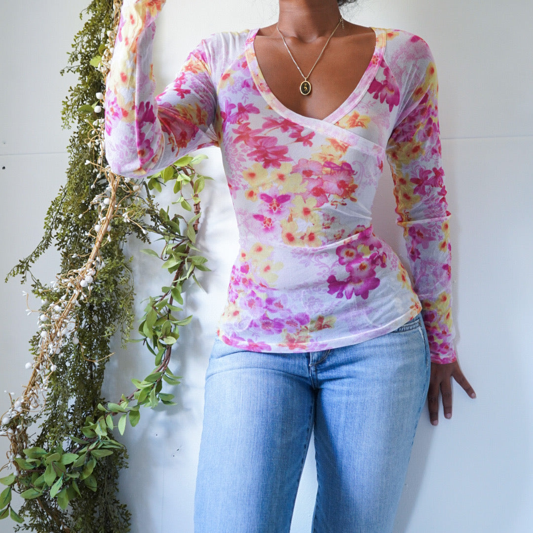 Mesh Floral Tie Back Long Sleeve Top