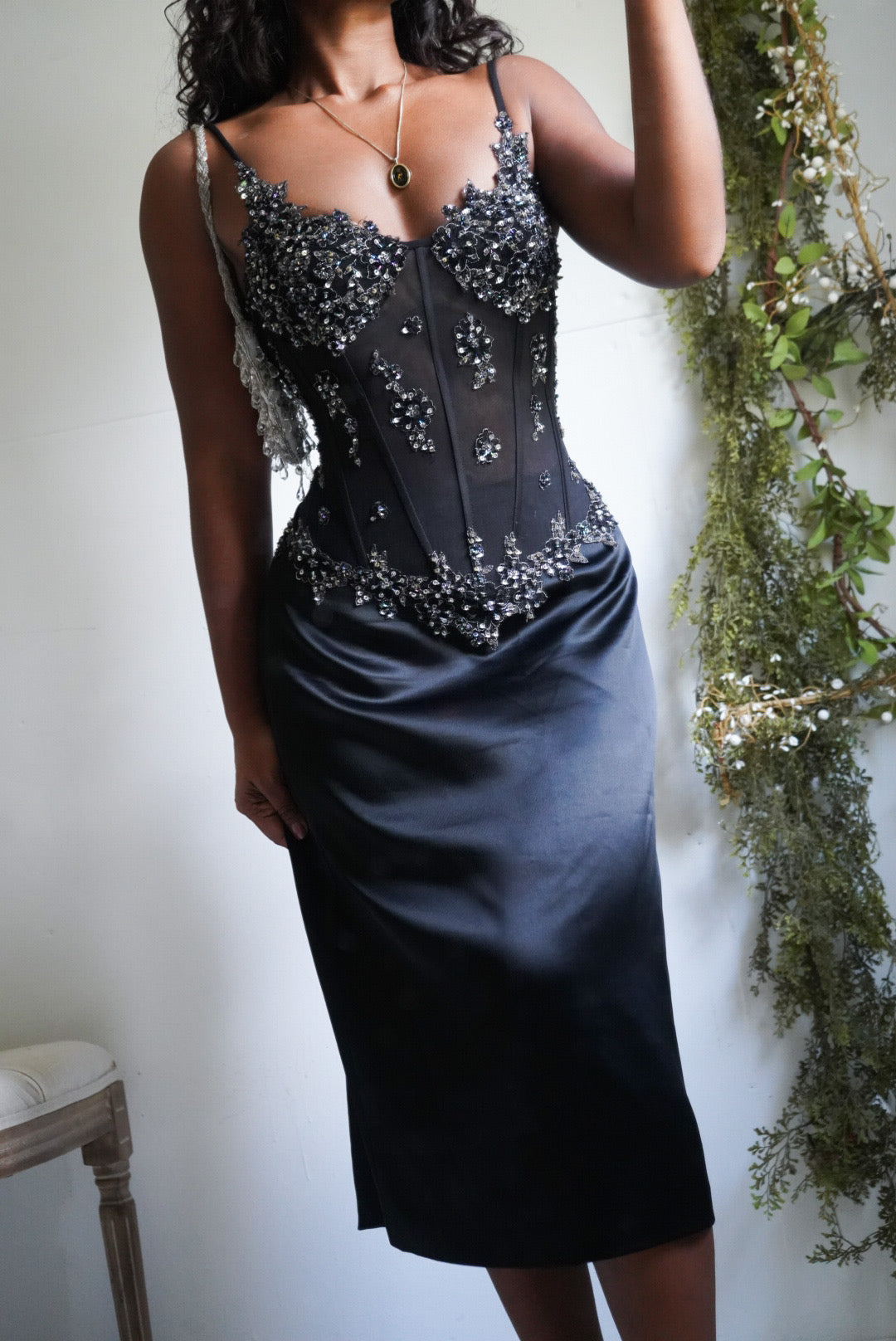 Y2K Beaded Black Corset 2 Piece Set