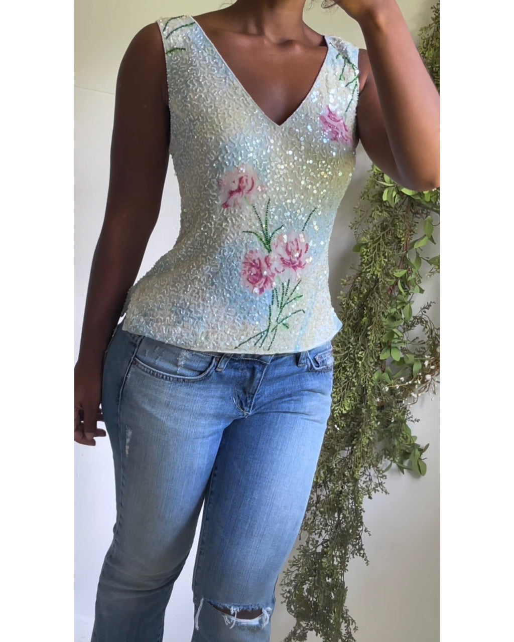 Y2K Romantic Rose Silk Beaded and Sequin Blouse