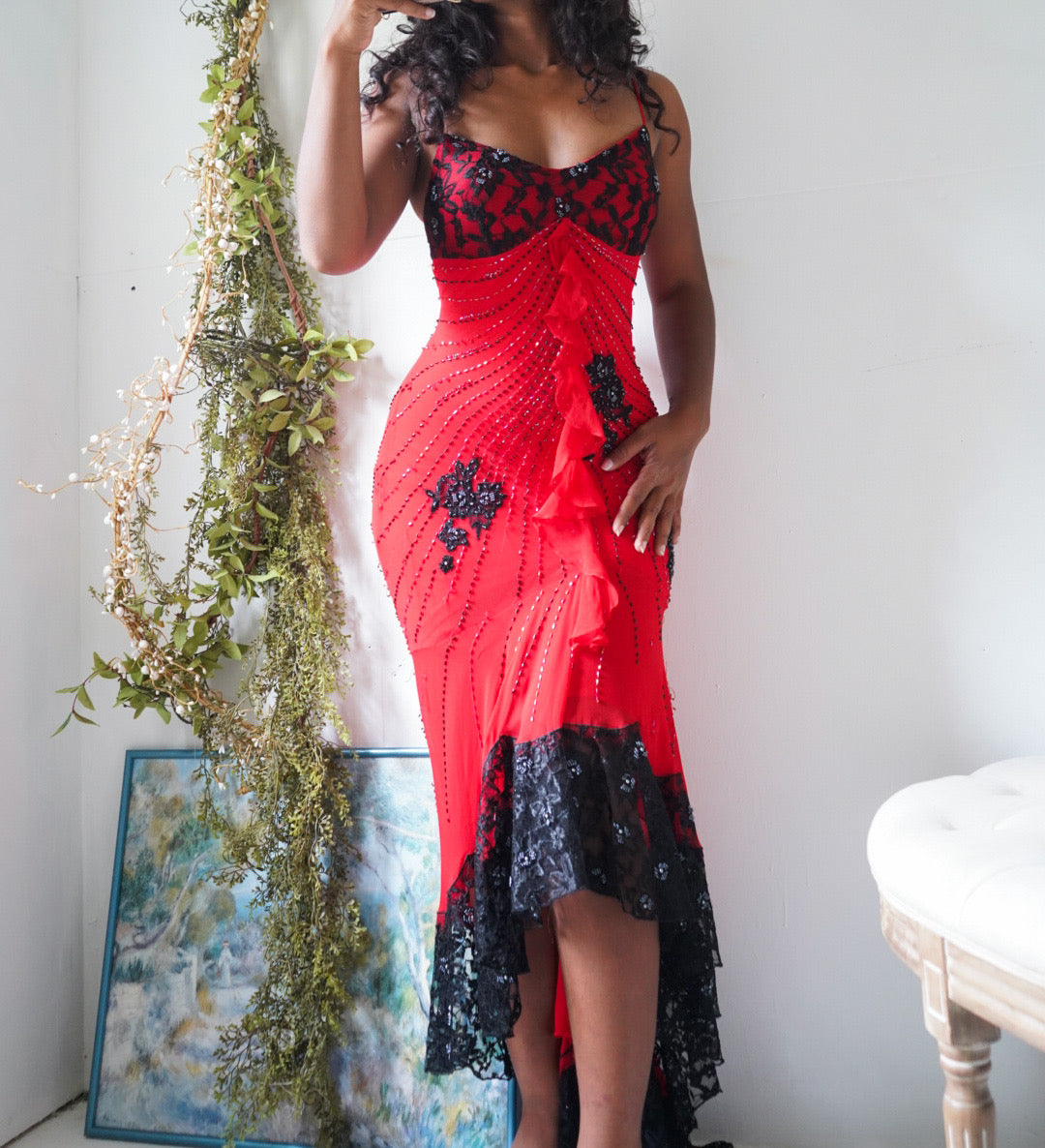 Rare Vintage Y2K Red and Black Lace Beaded Gown