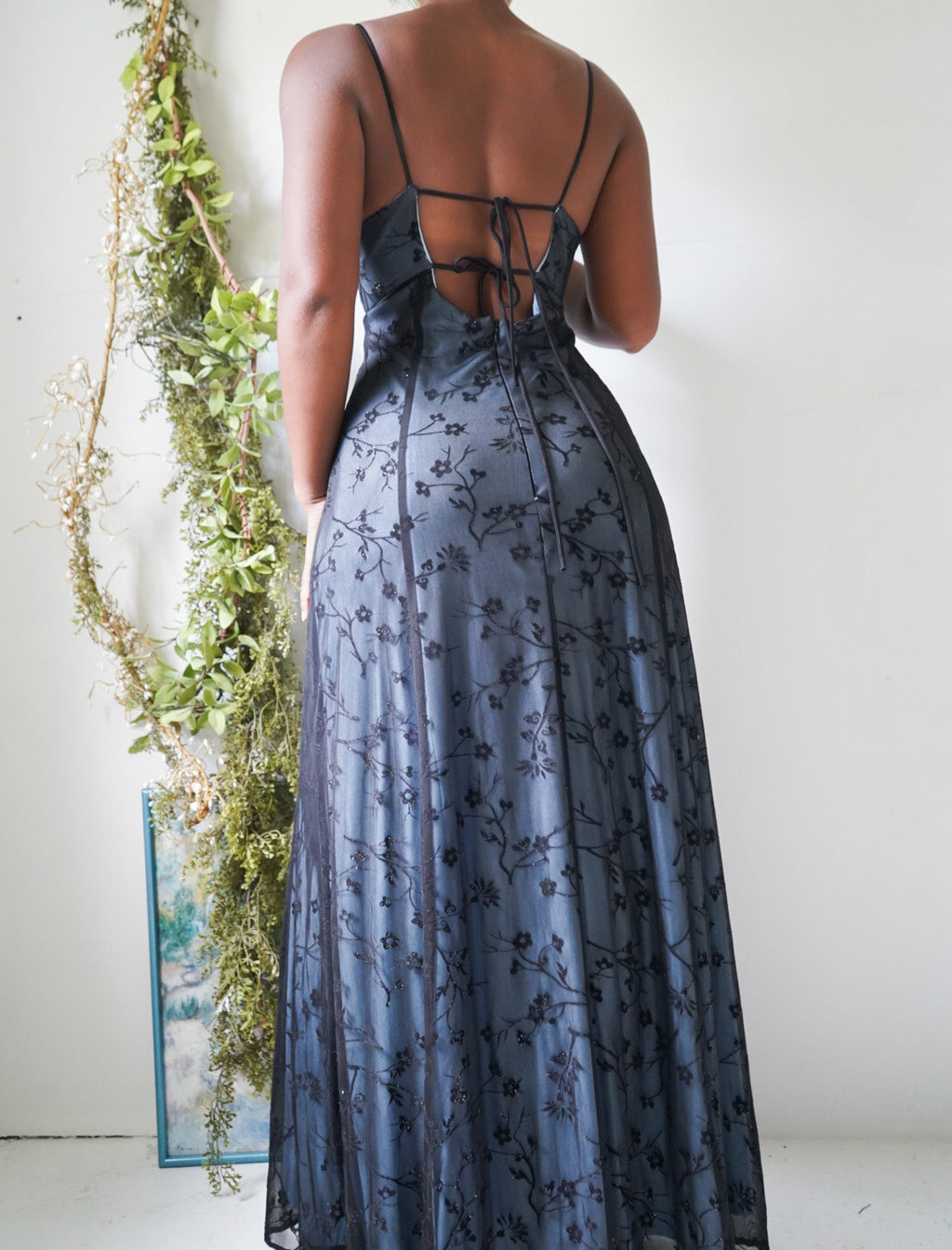 Vintage Y2K Baby Blue and Black Layered Floral Gown