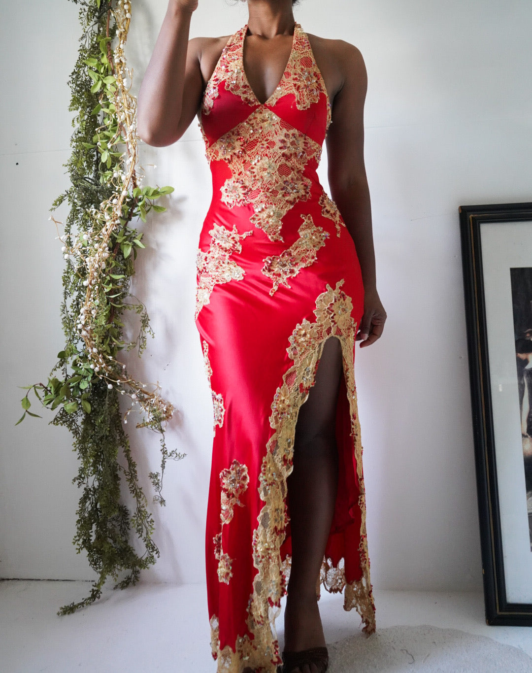 Rare Vintage Y2K Silk and Lace Sue Wong Halter Gown