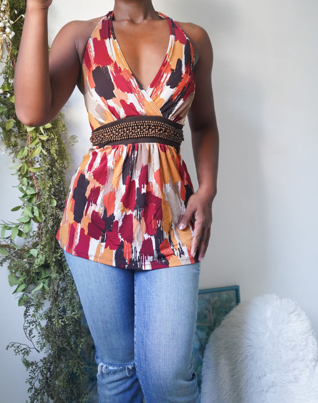 Y2K Boho Abstract Print Halter Top