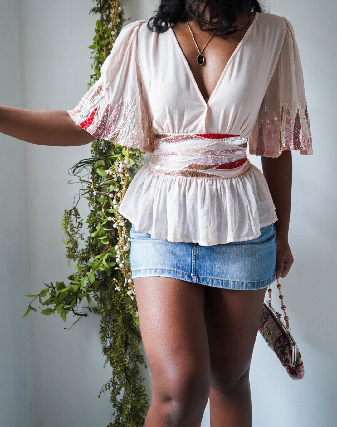 Y2K Light Peachy Pink Silk Peplum Top