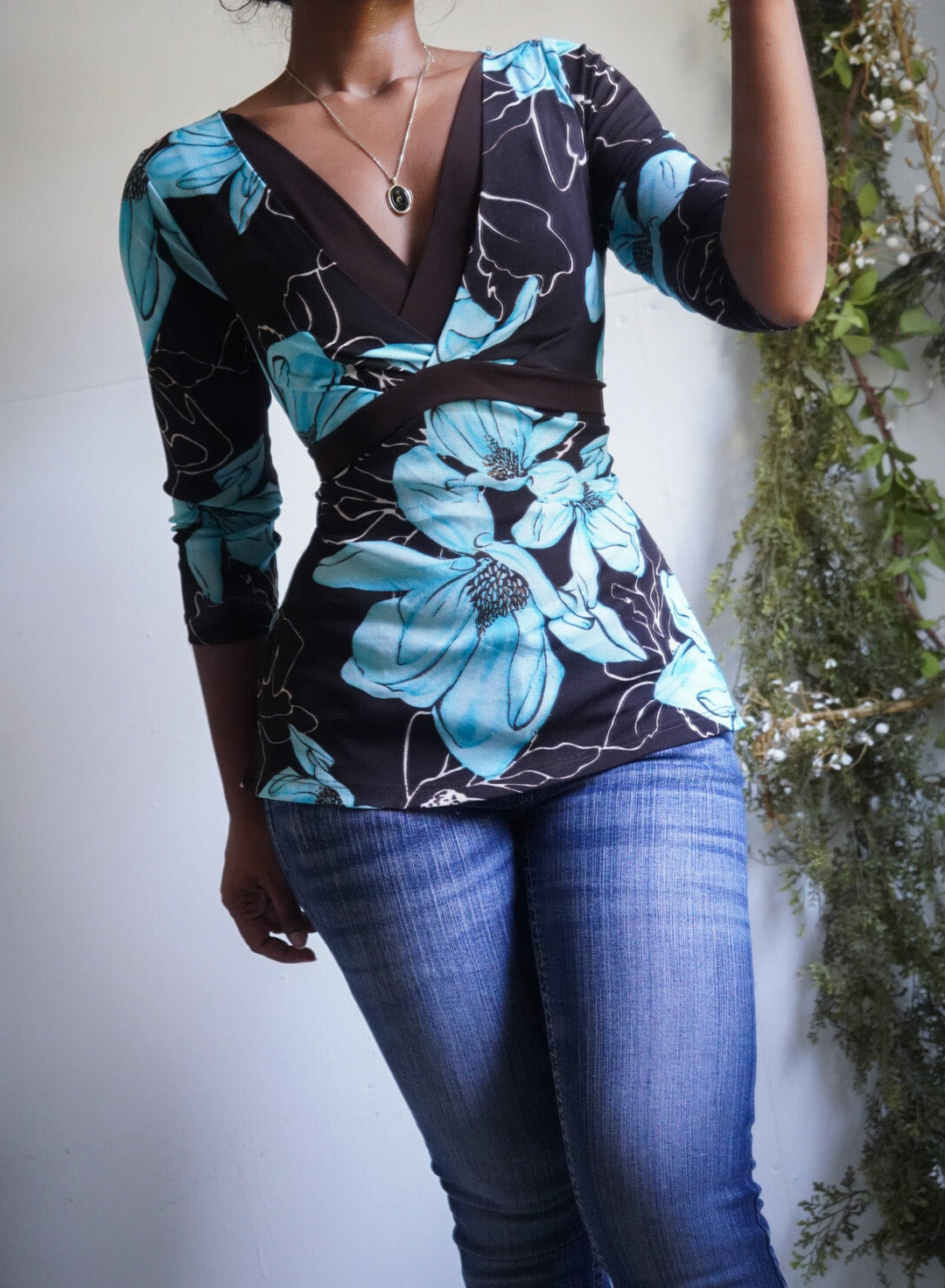 Y2K Brown and Blue Floral Mesh Tie Back Top