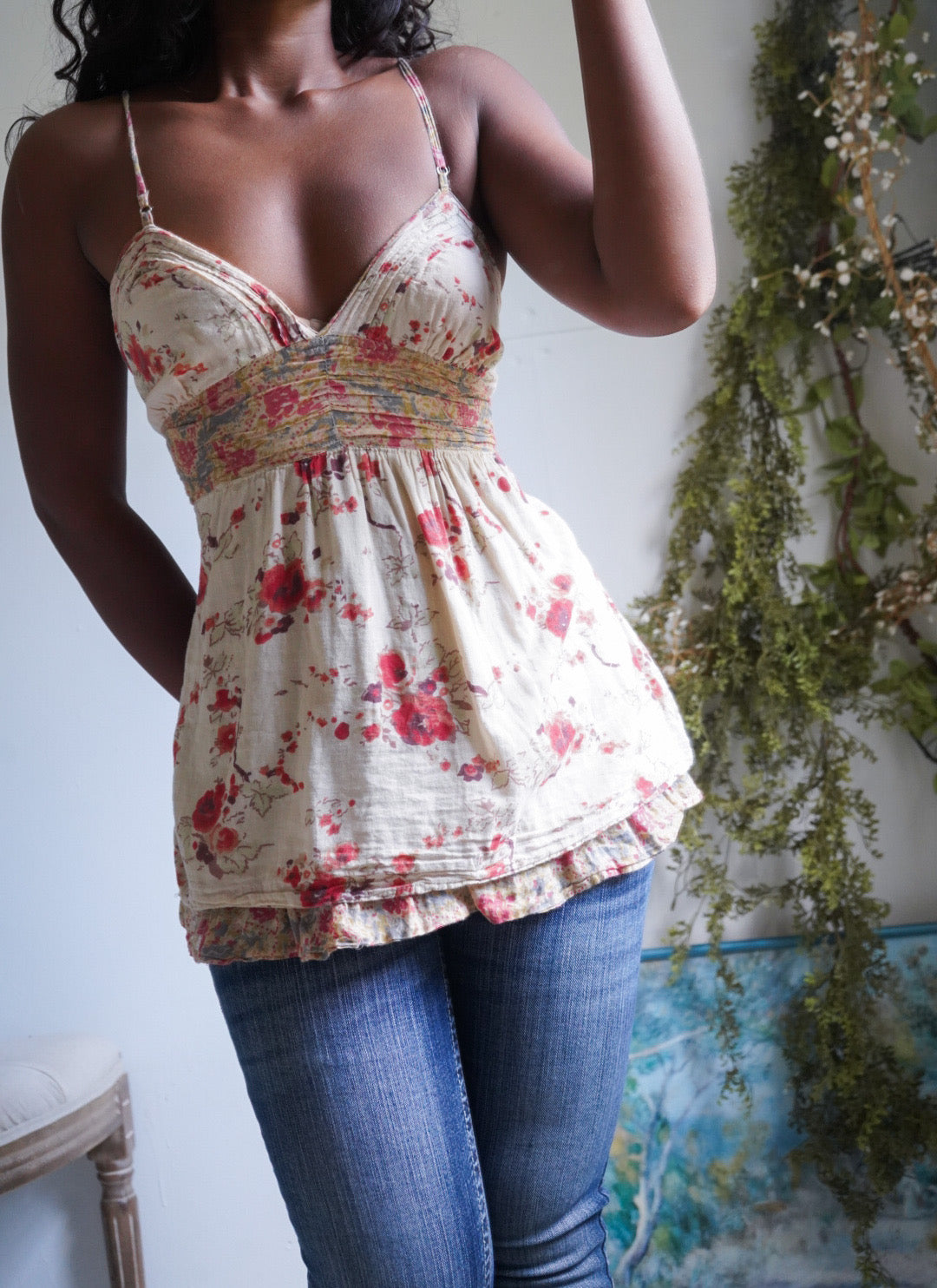 Y2K Tan Floral Cotton Babydoll Cami