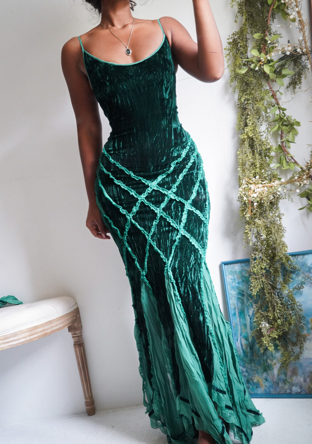 Y2K Green Crushed Velvet Forest Fairy Gown with Sleeves