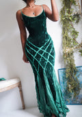 Y2K Green Crushed Velvet Forest Fairy Gown with Sleeves