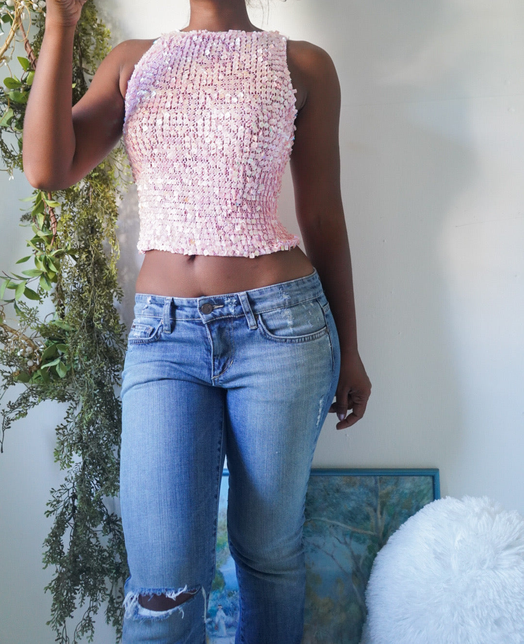 Baby Pink Y2K Sequin Crochet Crop Top