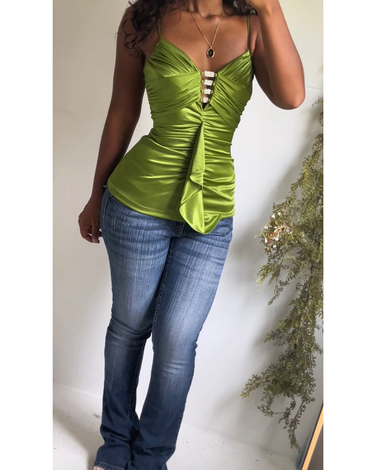 Y2K Bright Green Stretch Satin Top