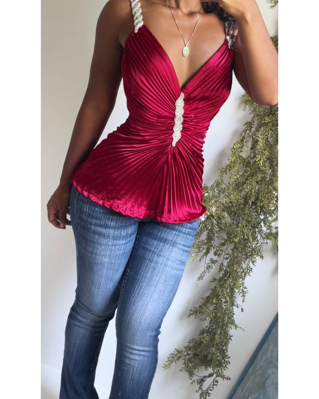 Y2K Red Satin Low Back Pleat Top