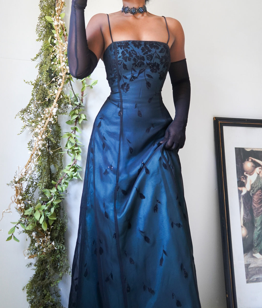 Vintage Teal and Black Layered Burnout Floral Gown