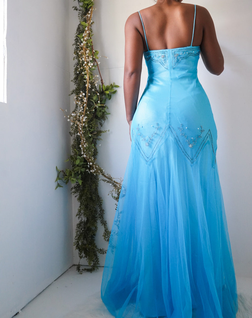Y2K Turquoise Beaded Tulle Gown