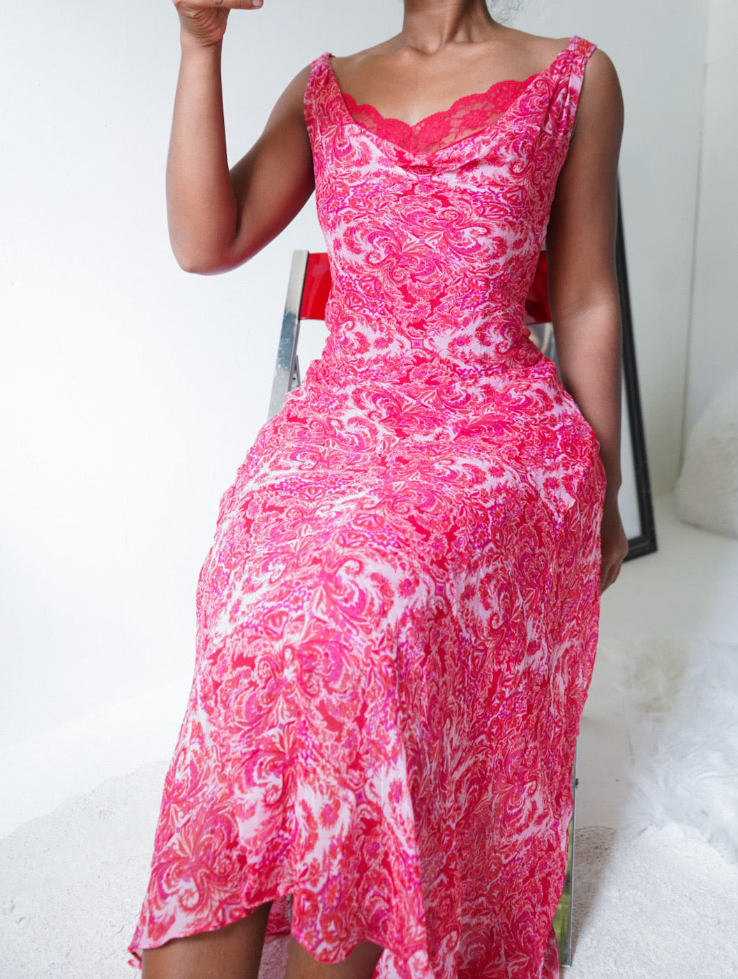 Vintage Y2K Paisley Bright Coral Pink Silk Dress